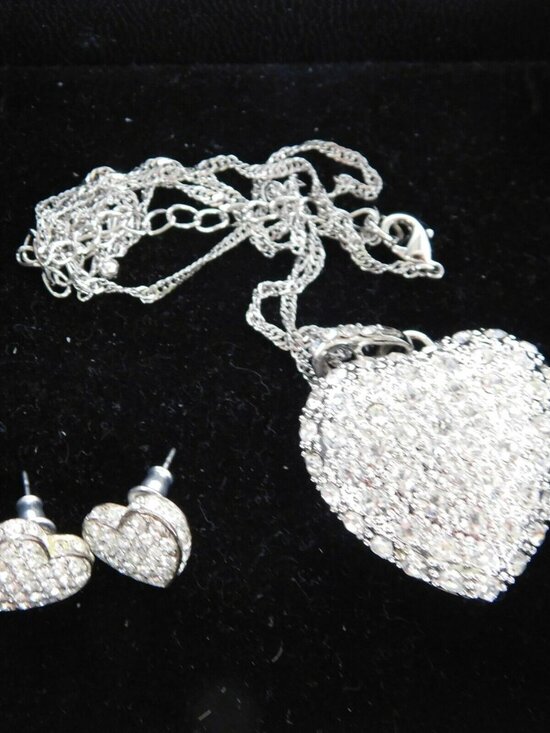 Lori Locket Jewelry - Rhinestone Heart Locket Necklace Earring Set Silver Tone Jesus Lives in My Heart